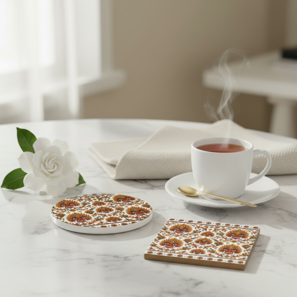 Elegant lifestyle shot of Raksha Mask ceramic coasters on marble with fine china — Raksha Collection — Ceylon Culture Vibes
