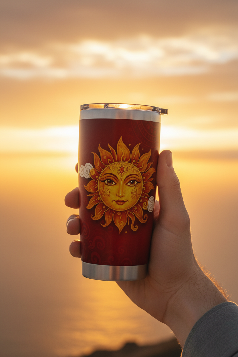 Hand holding Ceylon sun face crimson gold 20oz tumbler against golden sunset sky — Temple & Serenity Collection — Ceylon Culture Vibes
