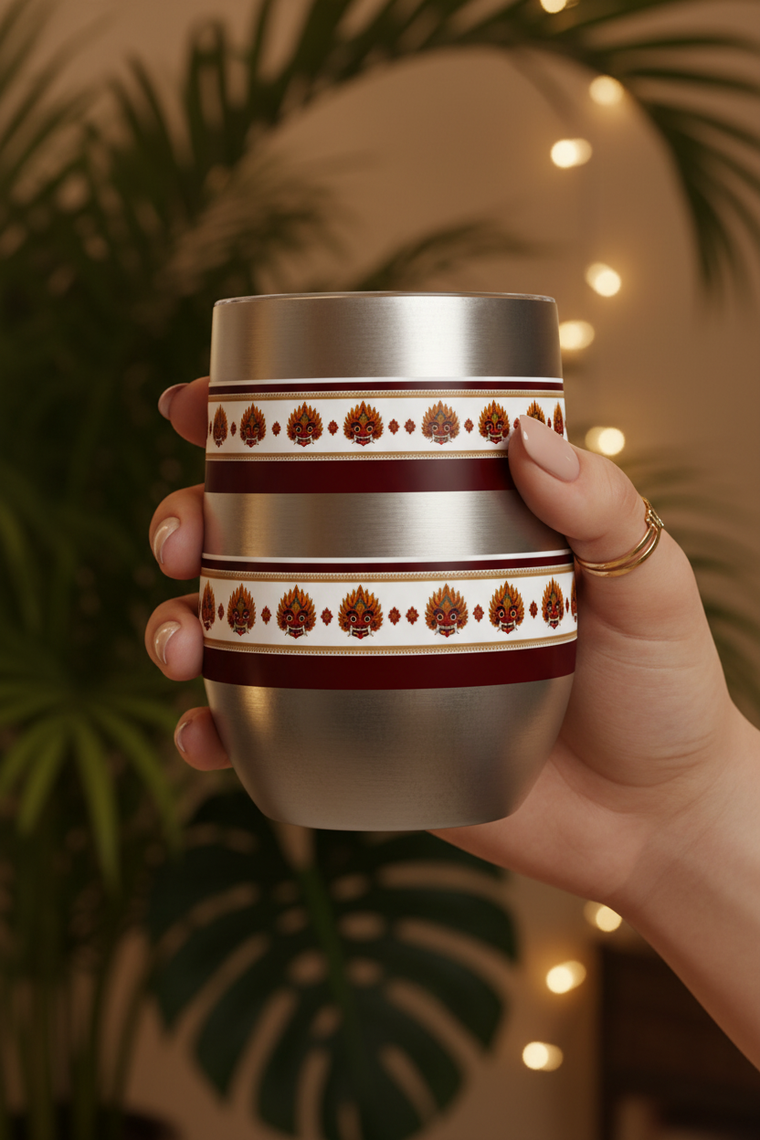 Raksha mask border wine tumbler held in hand against tropical evening background — Raksha Collection — Ceylon Culture Vibes