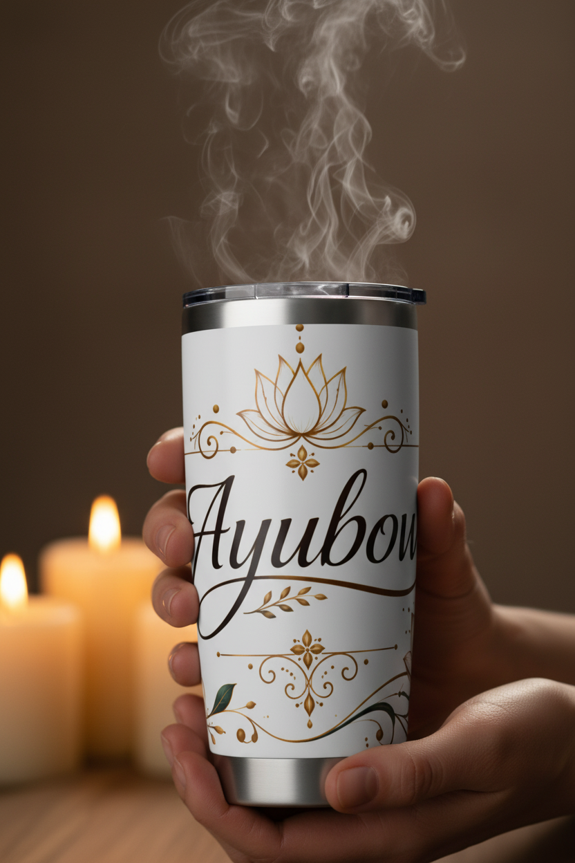 Ayubowan gold lotus tumbler cradled in two hands with steam rising — Ayubowan Collection — Ceylon Culture Vibes