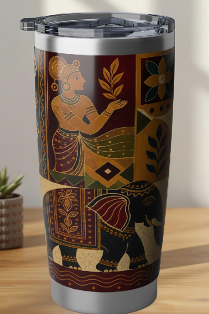 Close-up of Sri Lankan batik panel with temple elephant and classical woman on 20oz tumbler — Batik Collection — Ceylon Culture Vibes