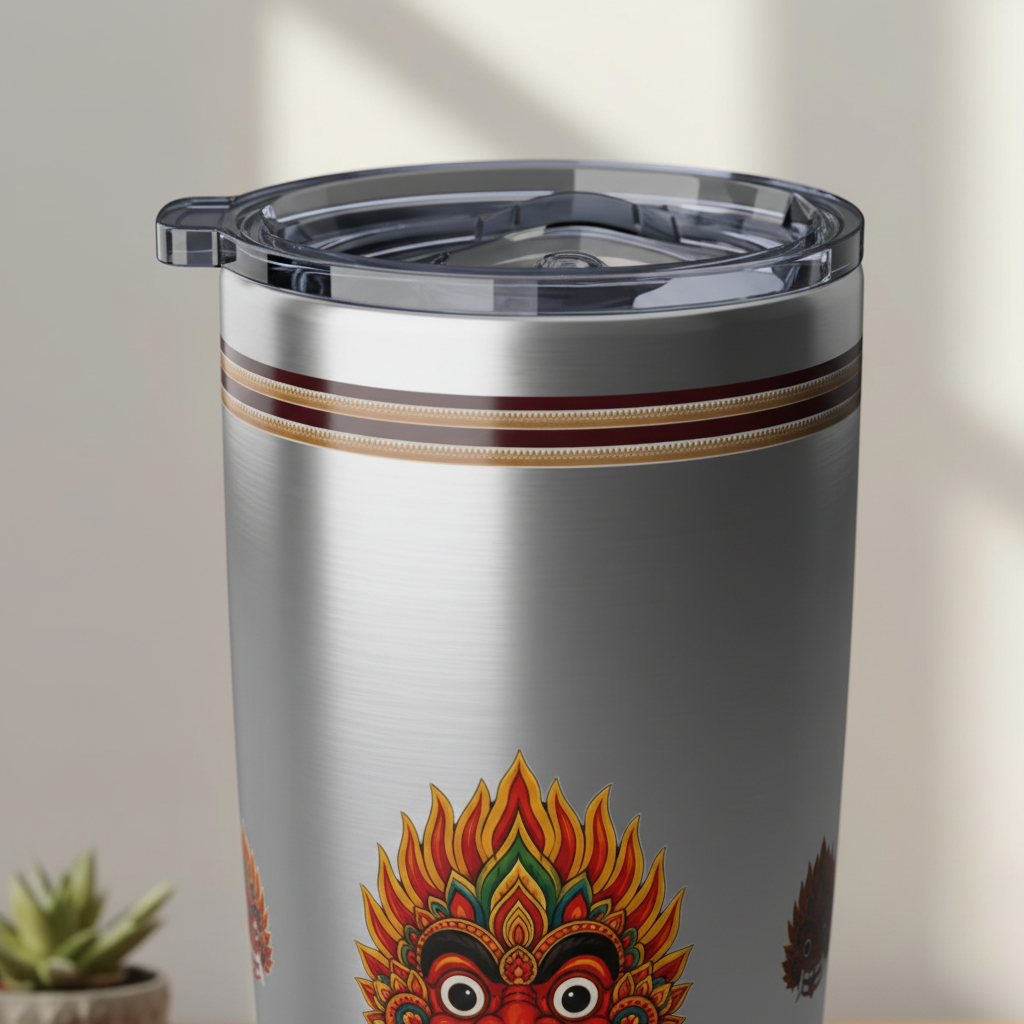 Raksha Guardian Tumbler 20oz Steel top detail close-up — Raksha Collection — Ceylon Culture Vibes