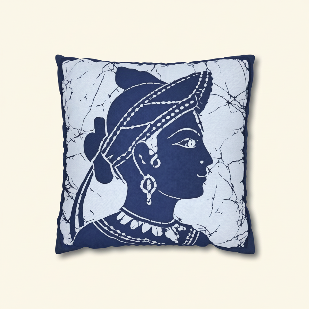 Sigiriya Apsara batik navy blue cushion cover — Sri Lankan heritage throw pillow — Ceylon Culture Vibes