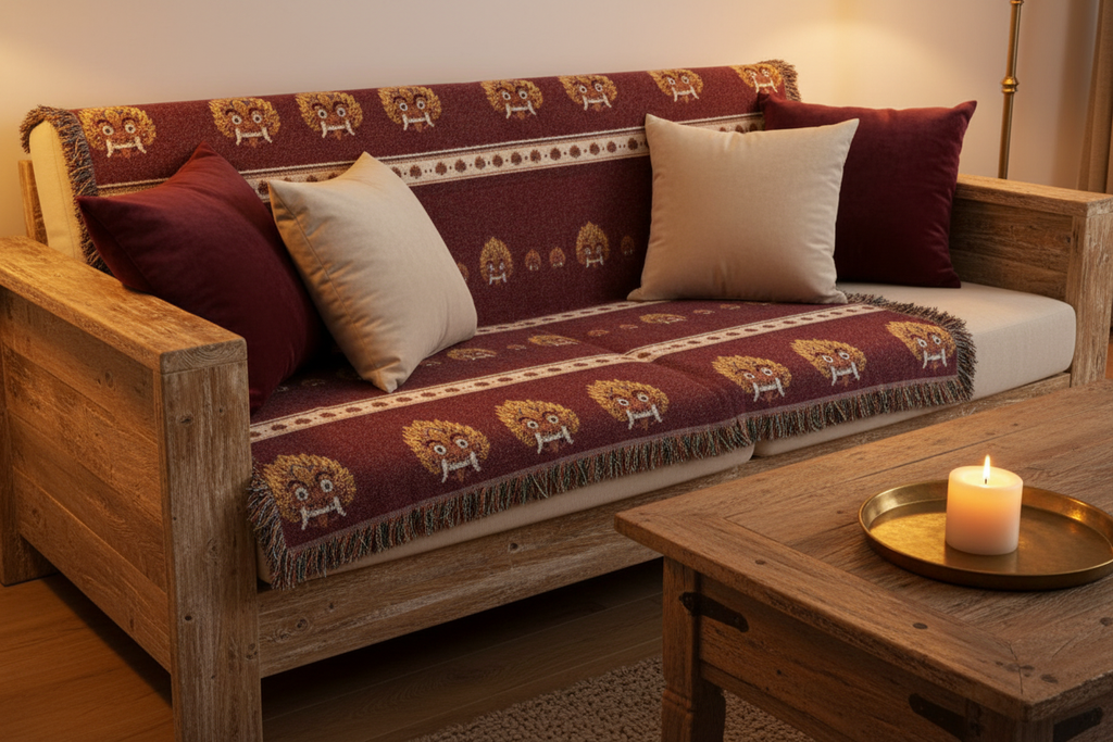 Raksha mask woven cotton blanket draped over sofa in warm living room — Raksha Collection — Ceylon Culture Vibes