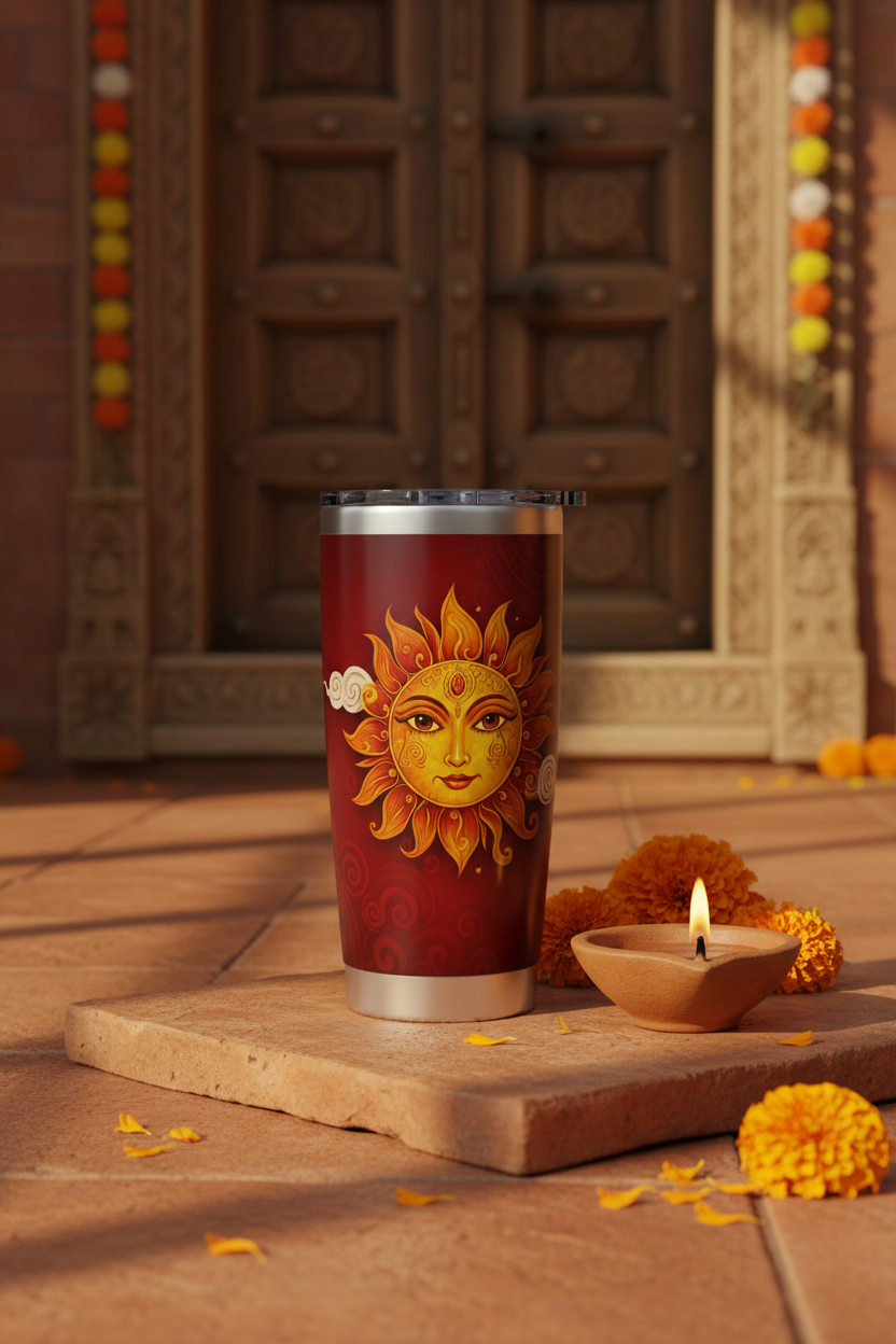 Ceylon sun face crimson gold 20oz tumbler on terracotta with oil lamp and marigolds — Temple & Serenity Collection — Ceylon Culture Vibes
