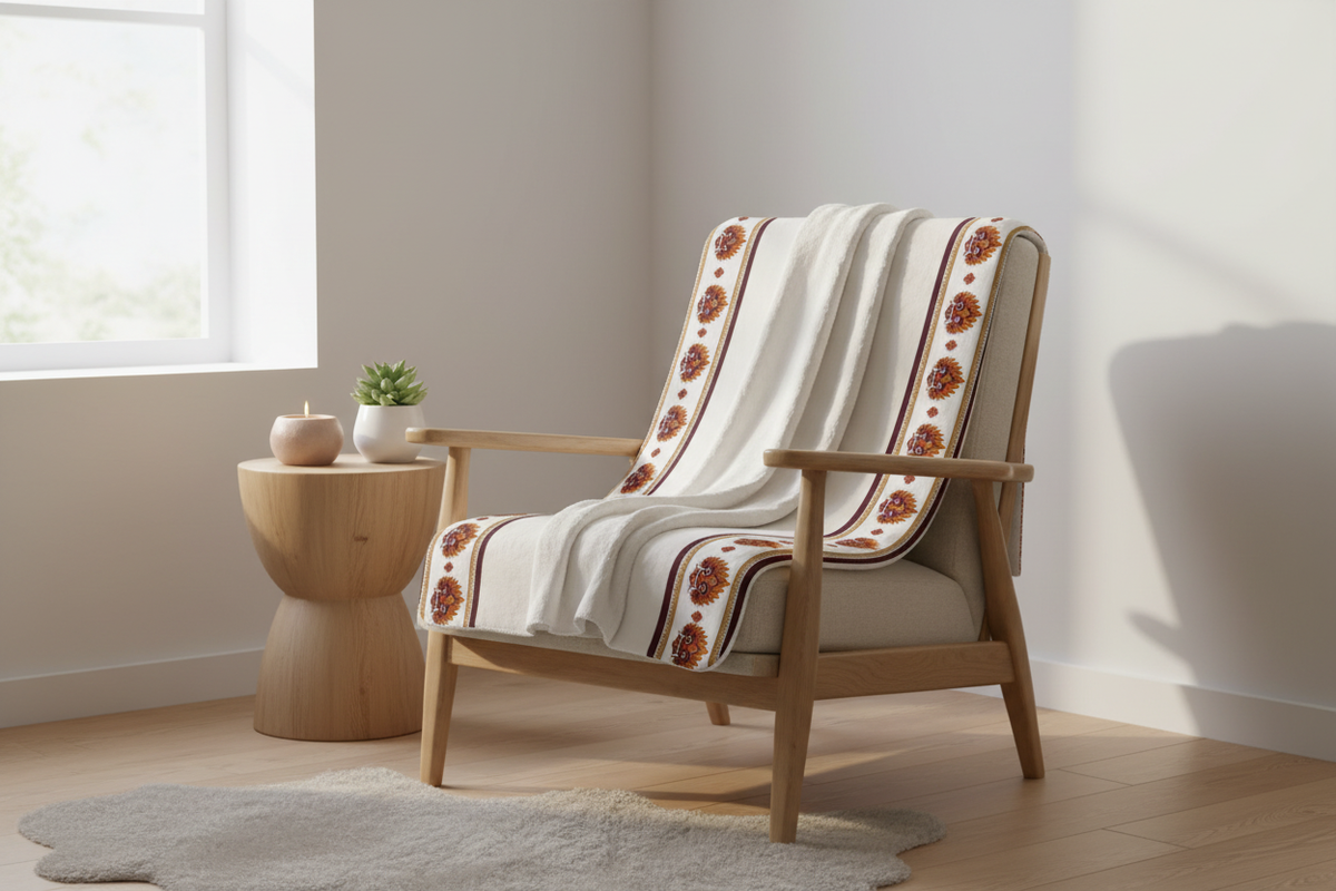 Raksha Mask Border Sherpa Fleece Blanket on armchair with candle — Ceylon Culture Vibes