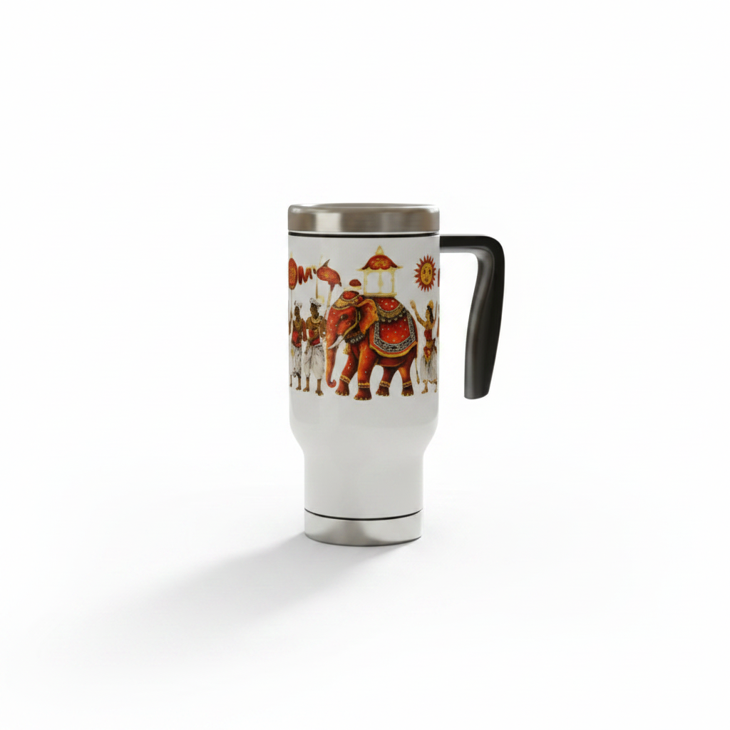Close-up product thumbnail of Perahera elephant travel mug with handle on white background — Ceylon Culture Vibes