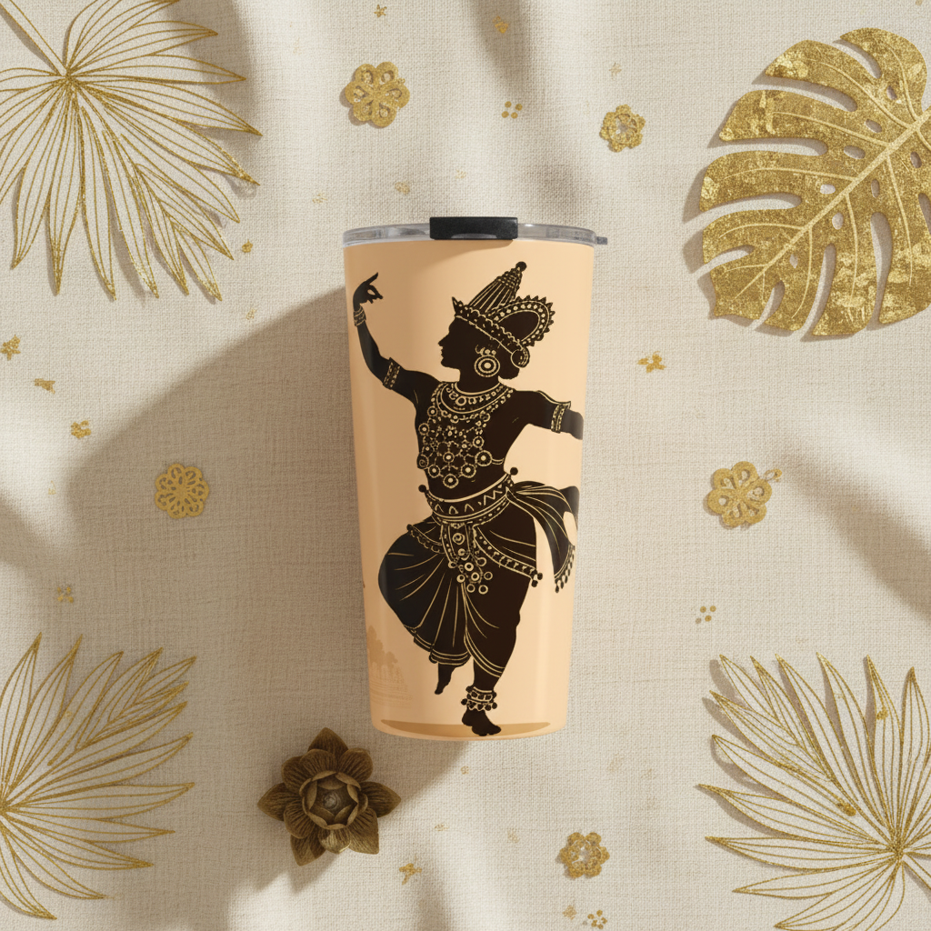 Sri Lanka Kandyan Dancer Silhouette Tumbler 20oz flat lay — Kandyan Heritage Collection — Ceylon Culture Vibes