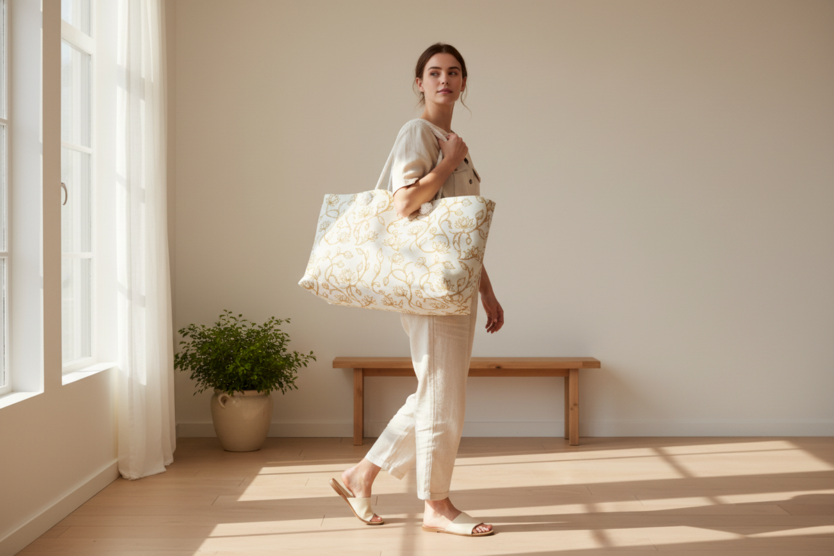 Woman carrying Ceylon lotus weekender bag in Scandinavian interior — Ceylon Culture Vibes