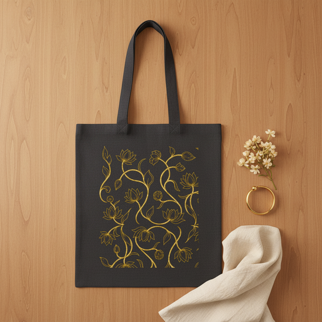 Dark charcoal lotus canvas tote bag flat lay with jasmine and gold bangle — Ceylon Culture Vibes
