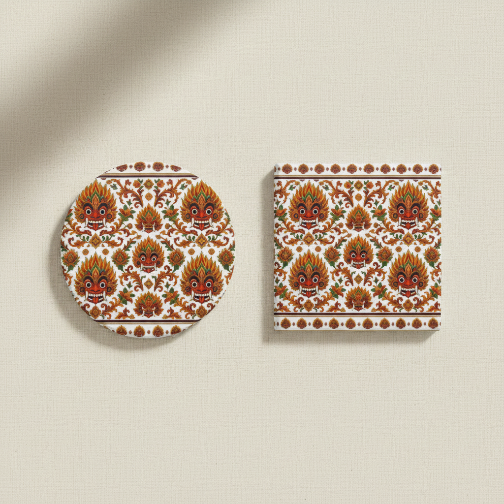 Round and square ceramic coaster set with Raksha Mask pattern — 1:1 product card — Ceylon Culture Vibes