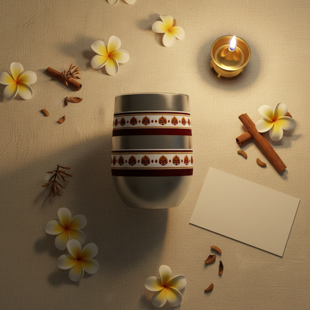 Raksha mask border wine tumbler Sri Lankan gift flat lay with brass lamp and frangipani — Raksha Collection — Ceylon Culture Vibes