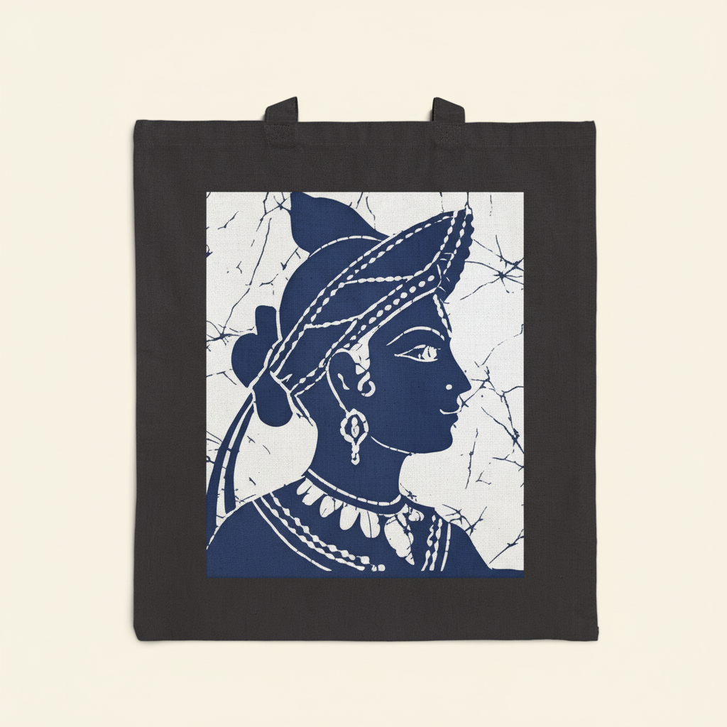 Ceylon Dancer batik Sigiriya Apsara navy canvas tote bag on black — Sri Lankan heritage shopper — Ceylon Culture Vibes
