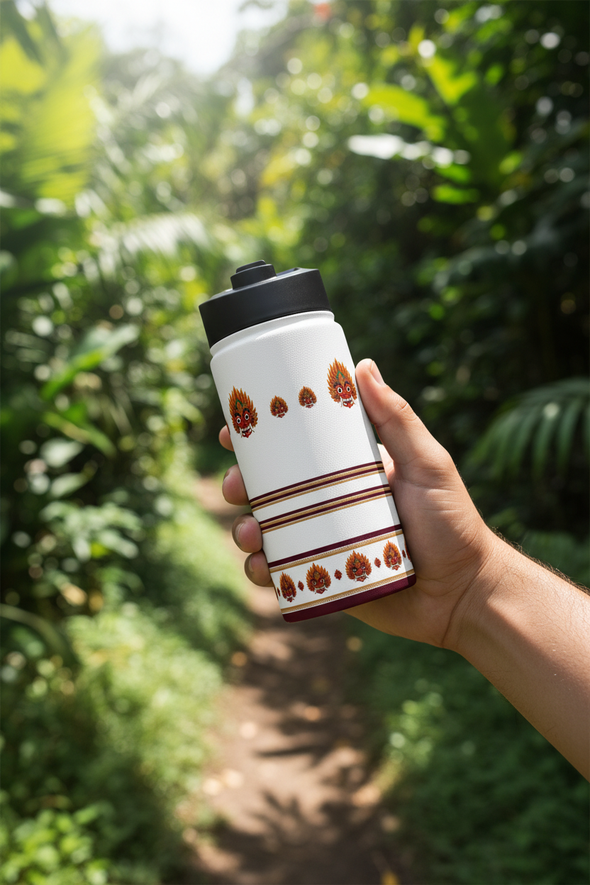Raksha mask stainless steel water bottle held outdoors on hiking trail — Raksha Collection — Ceylon Culture Vibes