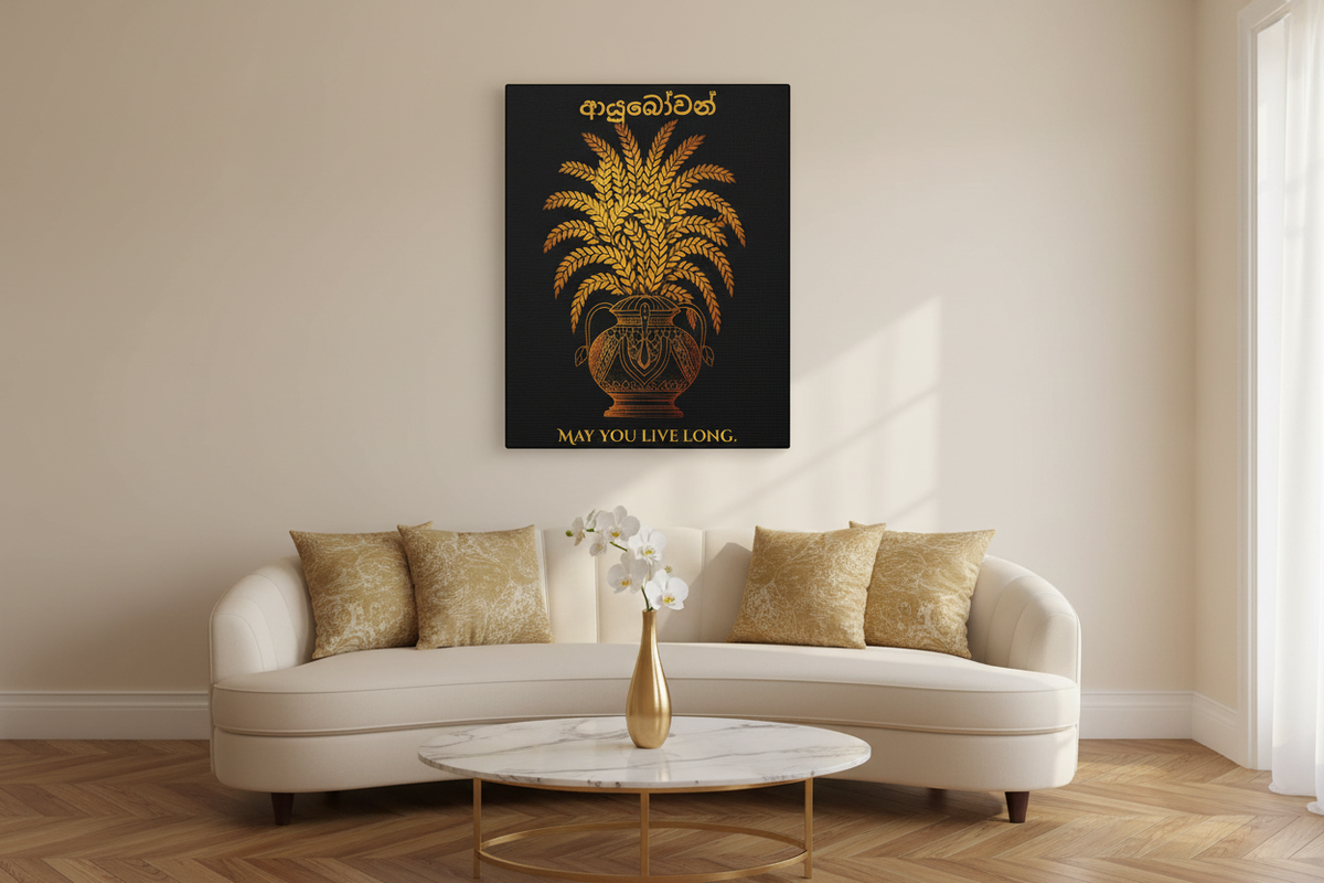 Ayubowan Punkalasa canvas wall art in bright living room with cream sofa and gold cushions — Ceylon Culture Vibes