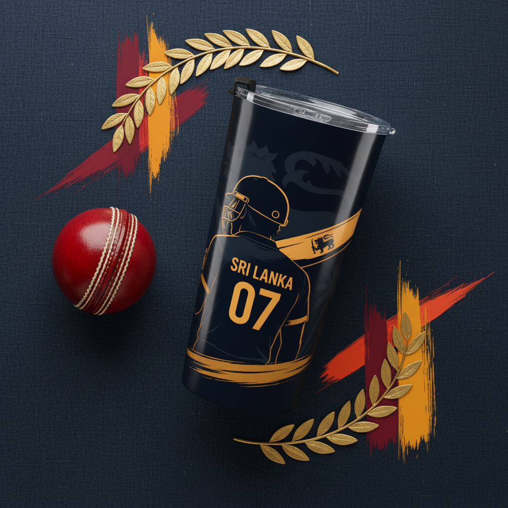 Sri Lanka Cricket Tumbler 20oz flat lay black gold — Ceylon Culture Vibes