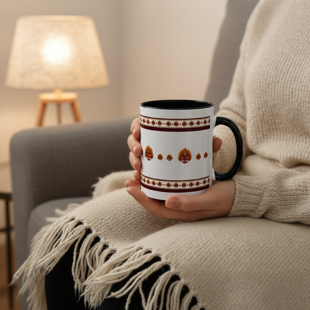 Raksha mask accent coffee mug held on cosy sofa — Raksha Collection — Ceylon Culture Vibes