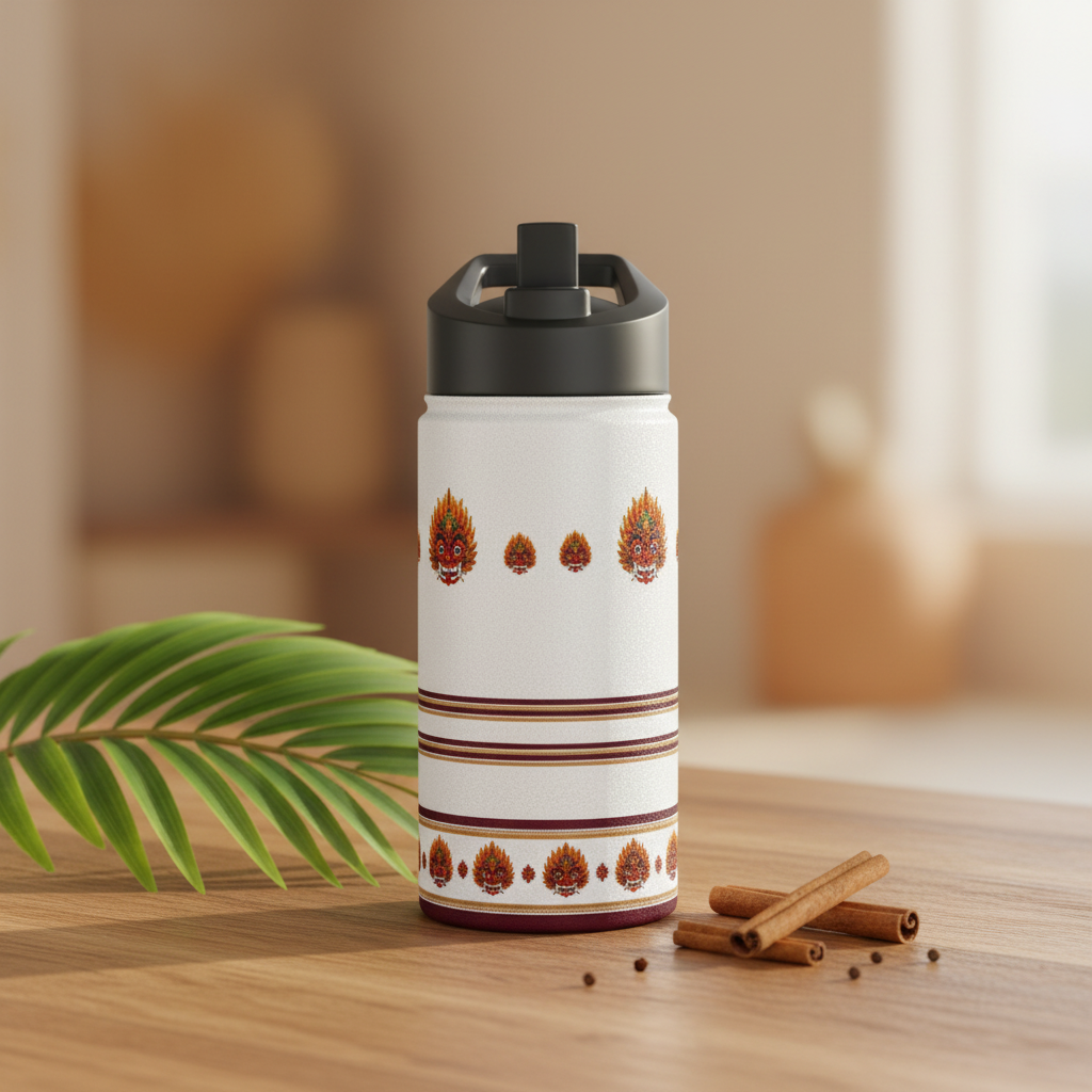 Full close-up lifestyle shot of Raksha Mask border water bottle on wooden table — Raksha Collection — Ceylon Culture Vibes
