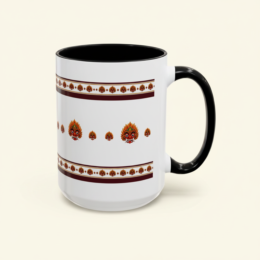 Raksha Mask Accent Coffee Mug close-up thumbnail — Sri Lankan devil dance border design — Ceylon Culture Vibes