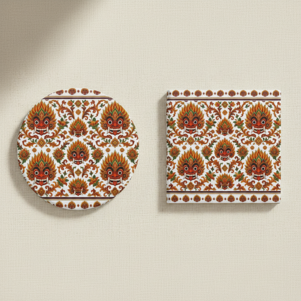 Close-up product thumbnail of round and square Raksha Mask ceramic coasters — Raksha Collection — Ceylon Culture Vibes