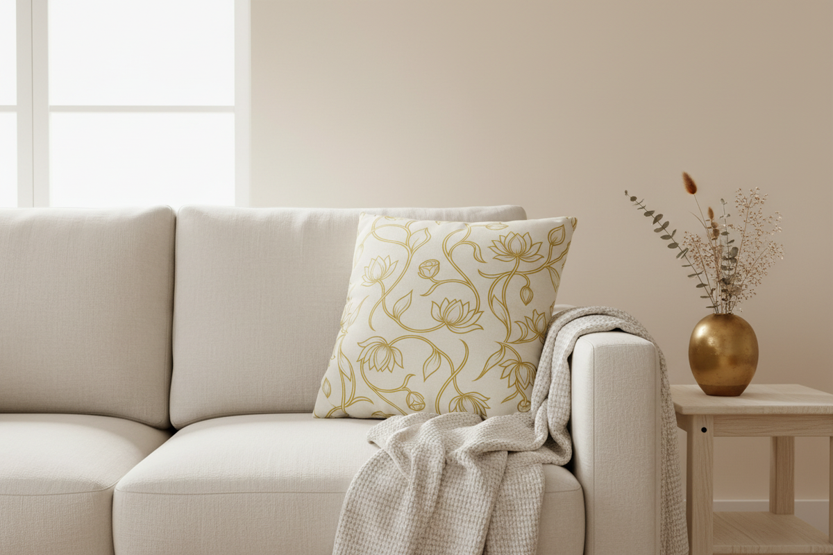 Ceylon lotus cushion cover styled on cream sofa in Scandinavian living room — Ceylon Culture Vibes