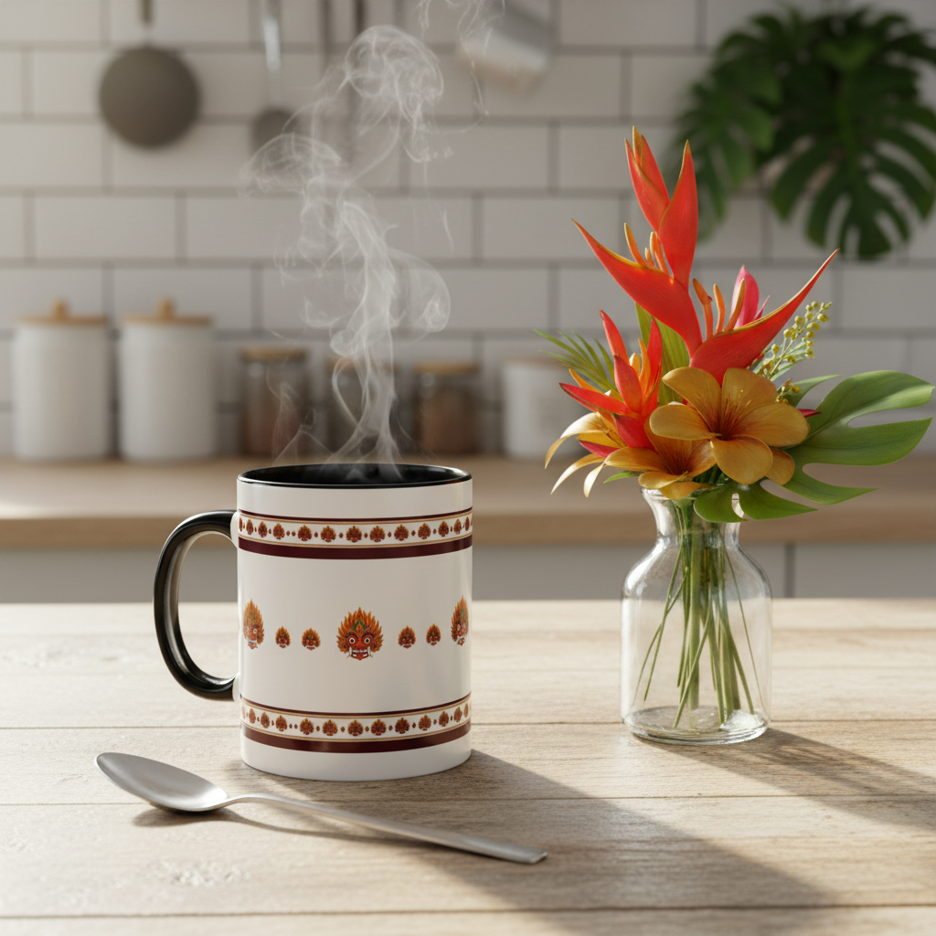 Raksha mask accent coffee mug on kitchen table with tropical flowers — Raksha Collection — Ceylon Culture Vibes