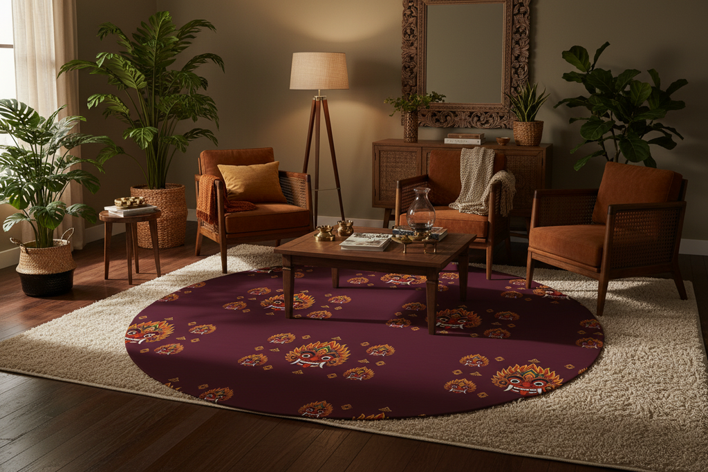 Raksha mask round rug deep burgundy in bohemian dark wood living space — Raksha Collection — Ceylon Culture Vibes