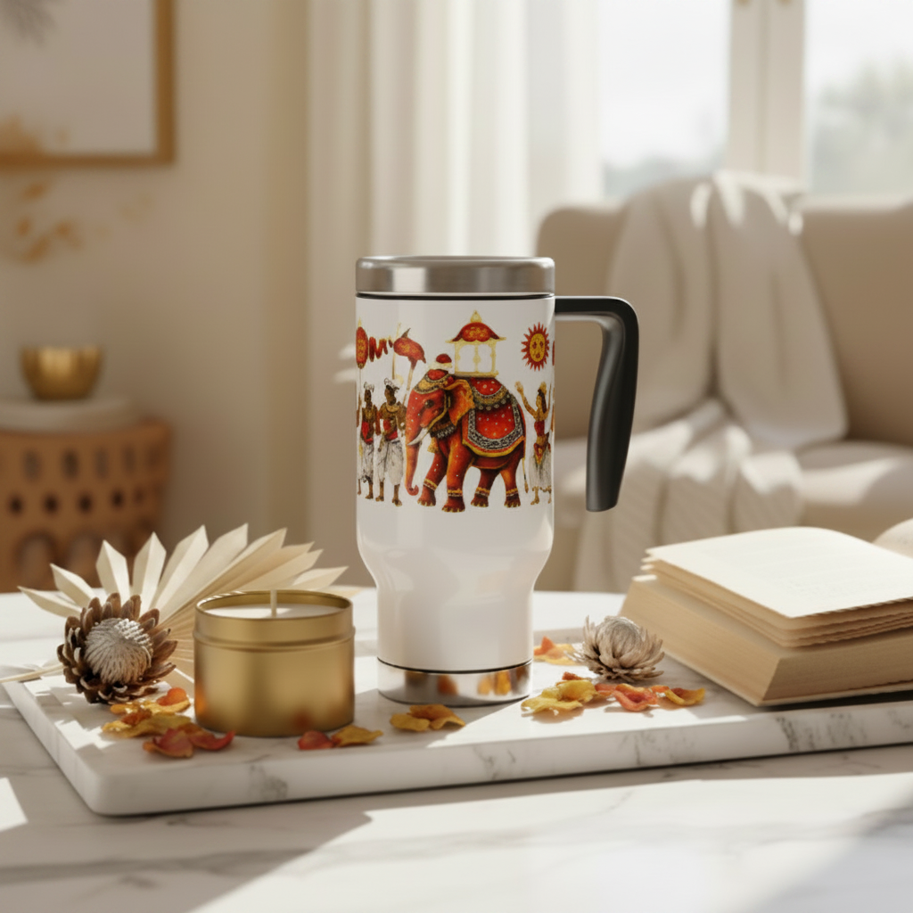 Extra close full view lifestyle shot of Perahera elephant travel mug with handle — Ceylon Culture Vibes