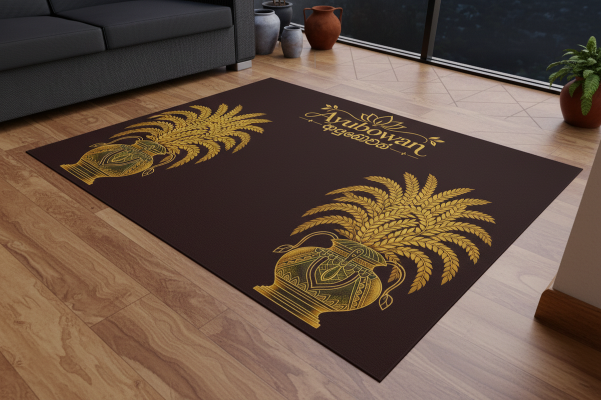 Ayubowan welcome rug at hallway entrance on timber floor — Ceylon Culture Vibes
