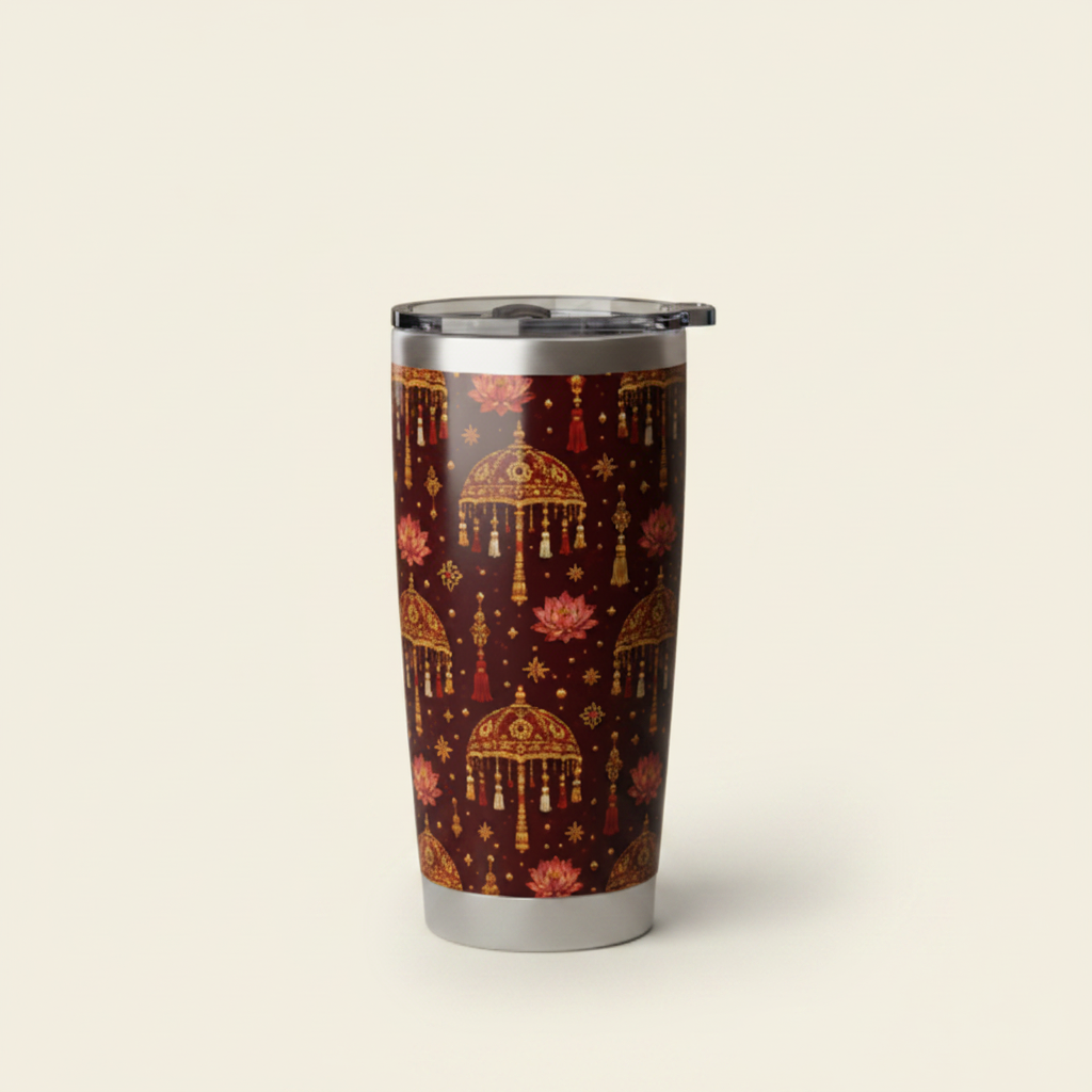 Close-up product thumbnail of Kandyan heritage tumbler with gold motifs on burgundy — Ceylon Culture Vibes