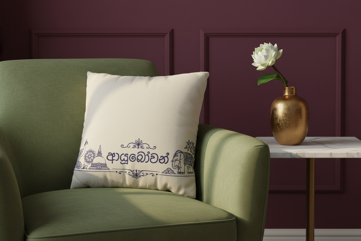 Ayubowan cushion on sage velvet armchair with burgundy wall and white lotus — Ceylon Culture Vibes