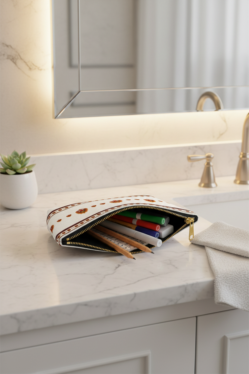 Raksha mask accessory pouch open on vanity counter as pencil case — Raksha Collection — Ceylon Culture Vibes