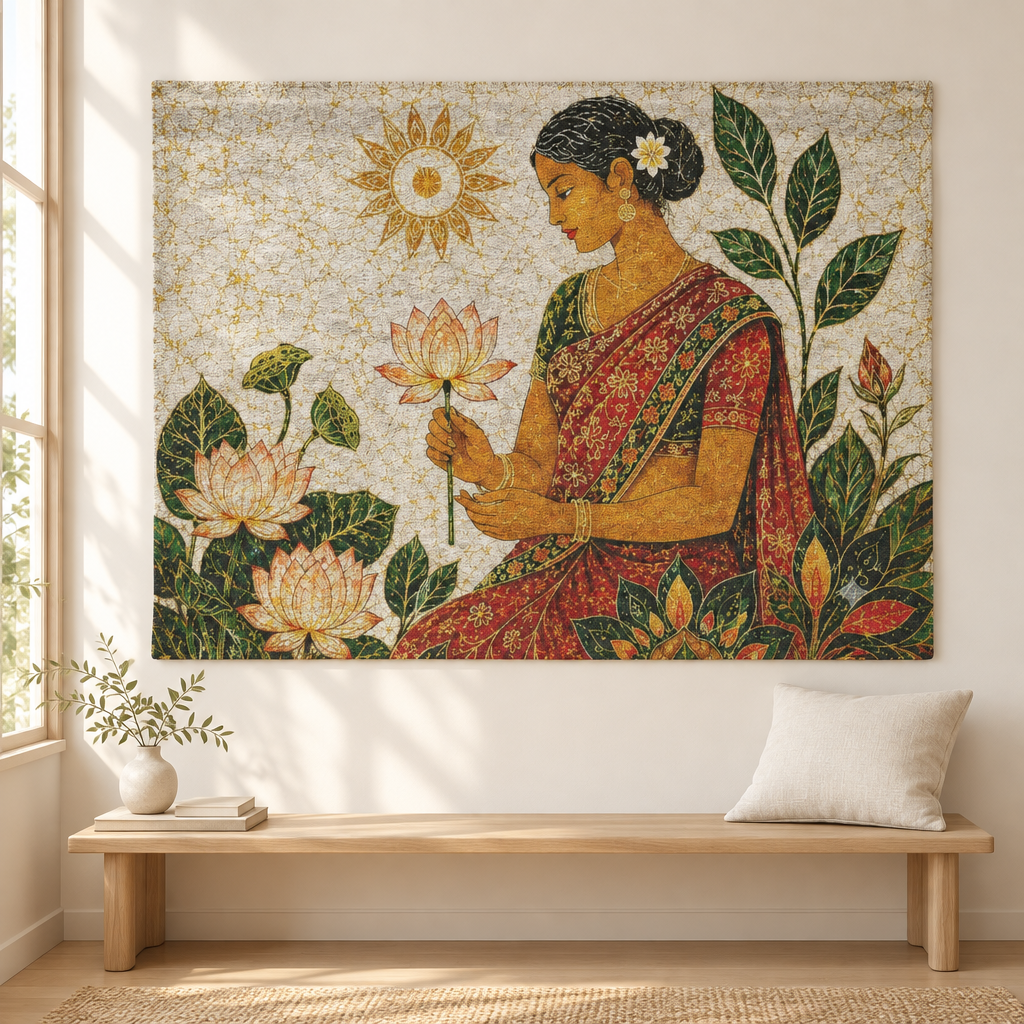 Golden Palm and Lotus woven wall tapestry hanging in a bright reading nook — Ceylon Culture Vibes
