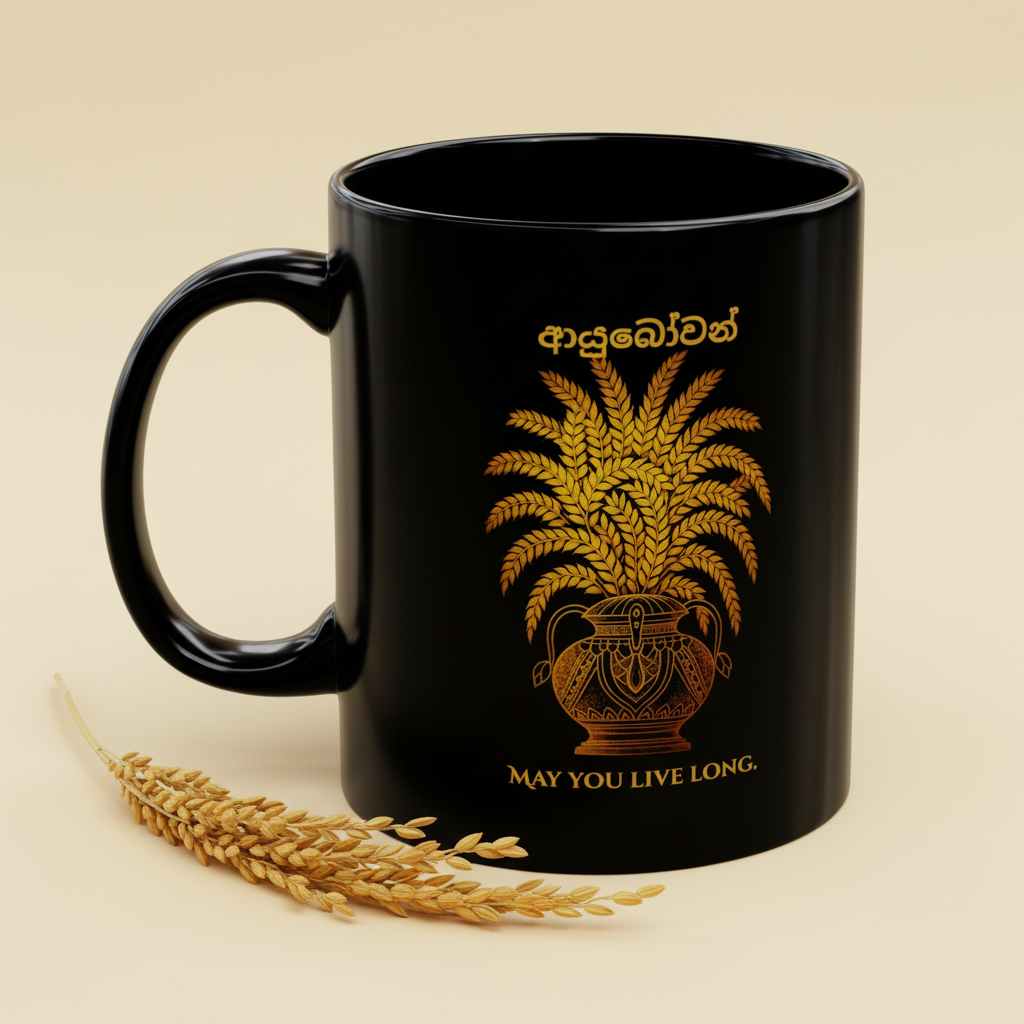Ayubowan black coffee mug with gold Punkalasa design on ivory background — Ceylon Culture Vibes