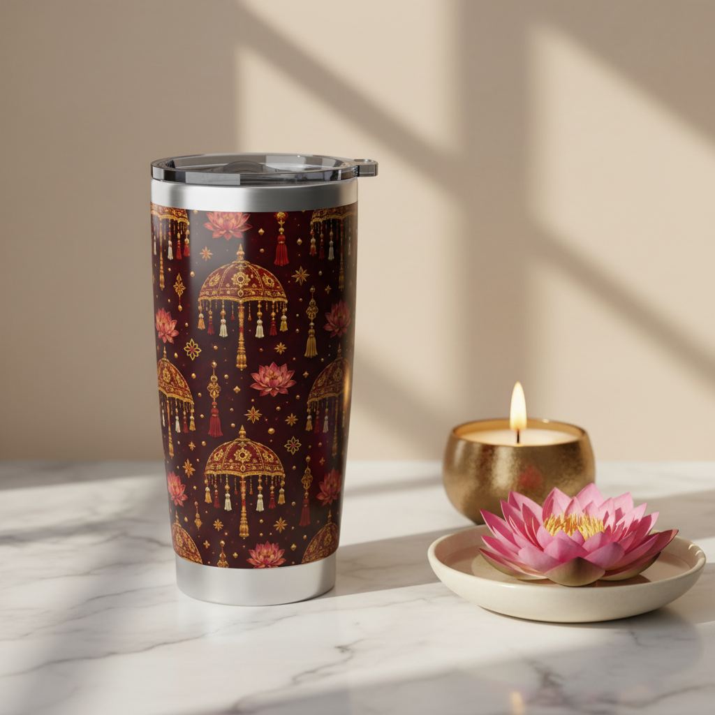 Sri Lanka Sesath Umbrella Lotus Tumbler 20oz marble candle scene — Kandyan Heritage Collection — Ceylon Culture Vibes
