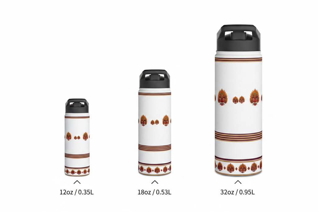 Raksha mask water bottle size comparison guide showing 12oz 18oz and 32oz sizes — Raksha Collection — Ceylon Culture Vibes