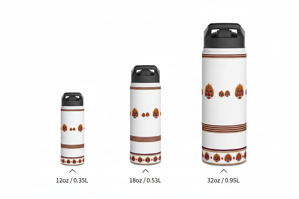 Raksha mask water bottle size comparison guide showing 12oz 18oz and 32oz sizes — Raksha Collection — Ceylon Culture Vibes