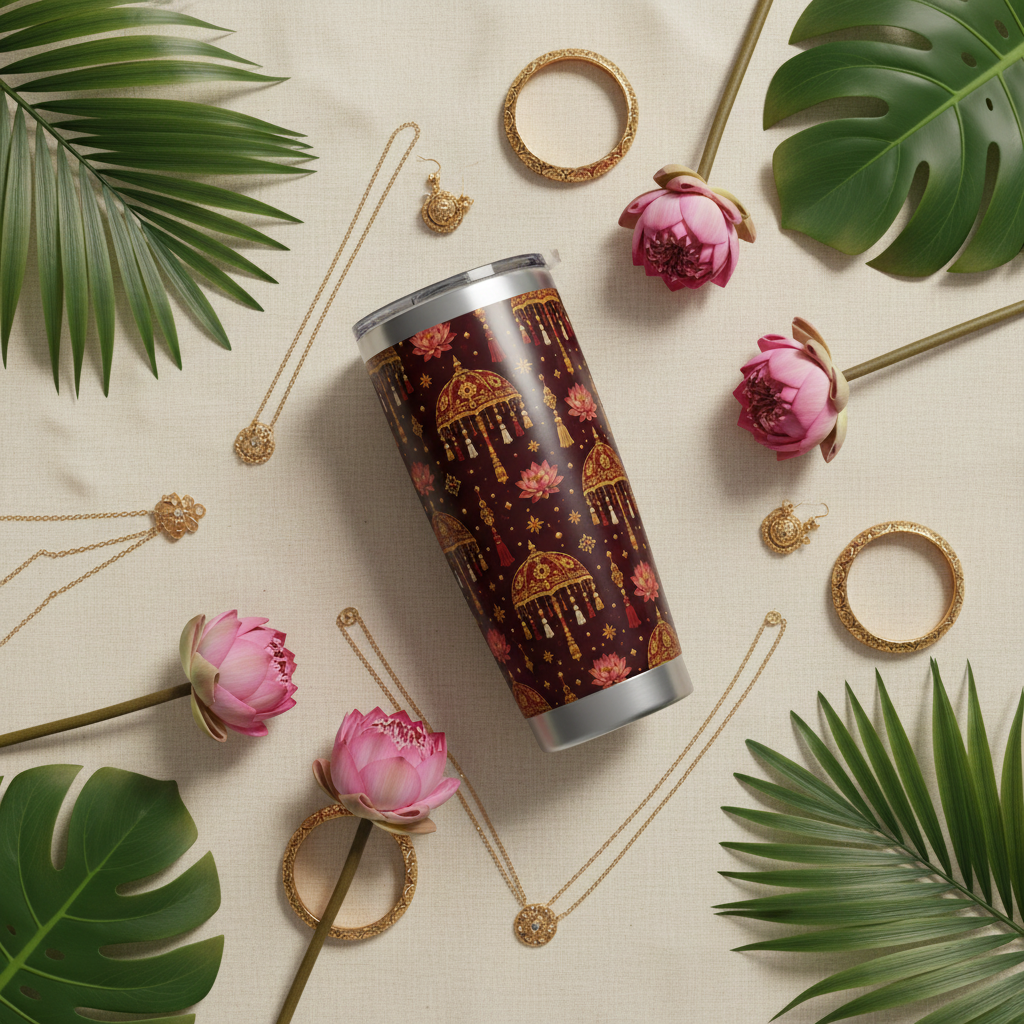 Sri Lanka Sesath Umbrella Lotus Tumbler 20oz flat lay — Kandyan Heritage Collection — Ceylon Culture Vibes