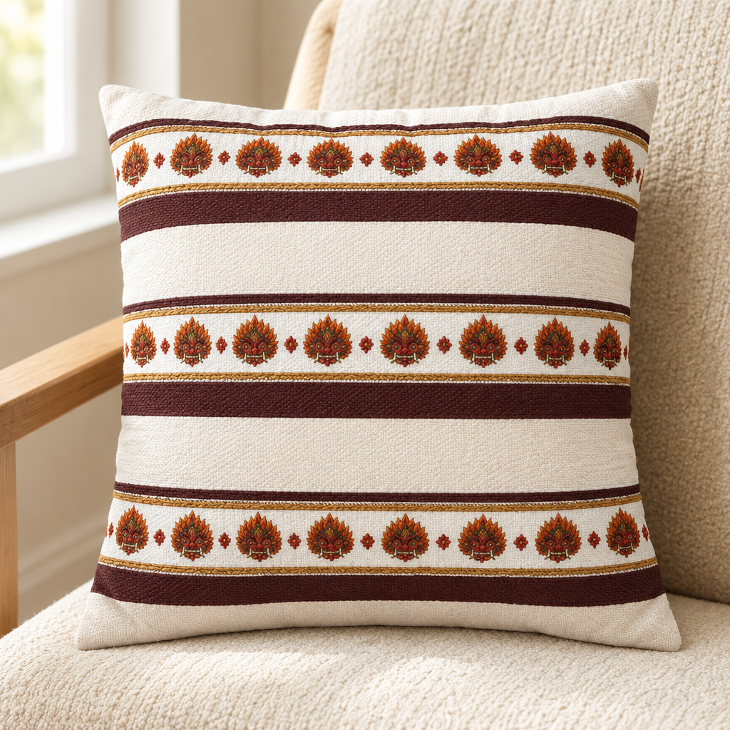 Cream square pillow with three burgundy and gold floral bands on a warm cream chair — Ceylon Culture Vibes