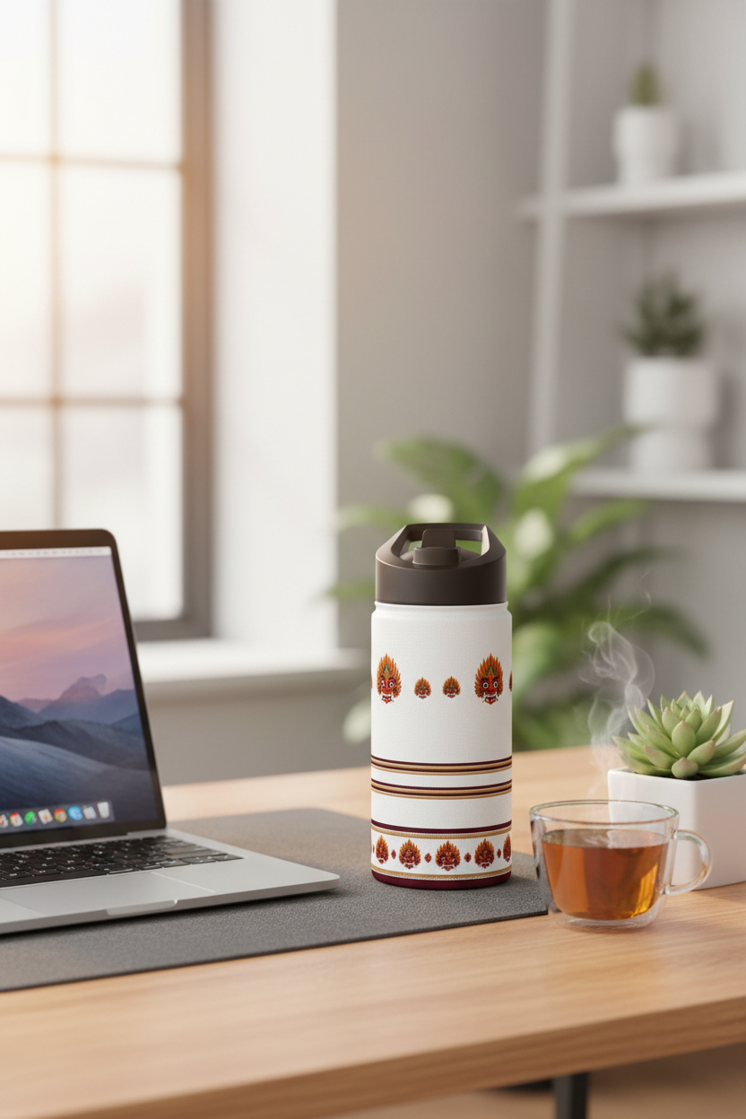 Raksha mask stainless steel water bottle on desk with Ceylon tea — Raksha Collection — Ceylon Culture Vibes