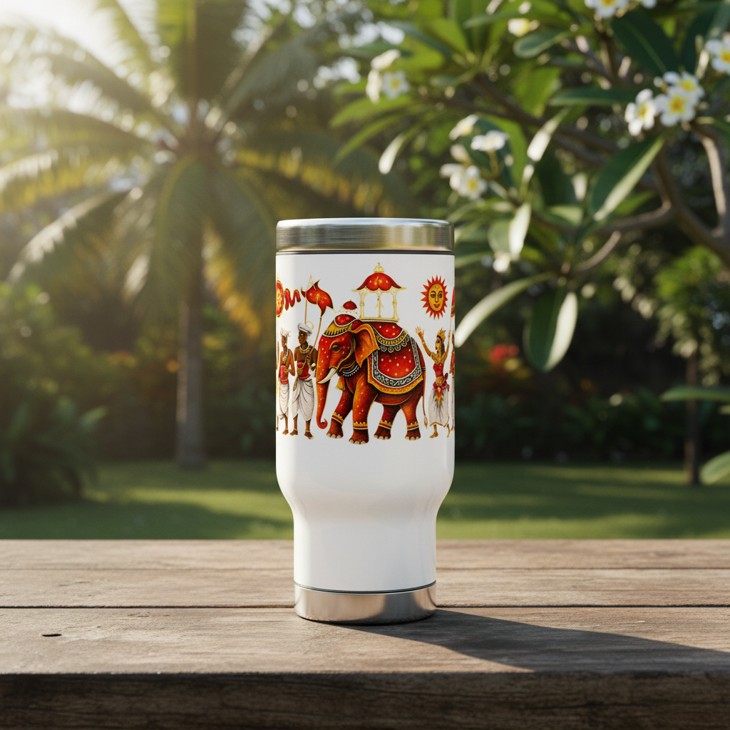 Sri Lanka Elephant Procession Travel Mug 14oz tropical garden — Kandyan Heritage Collection — Ceylon Culture Vibes