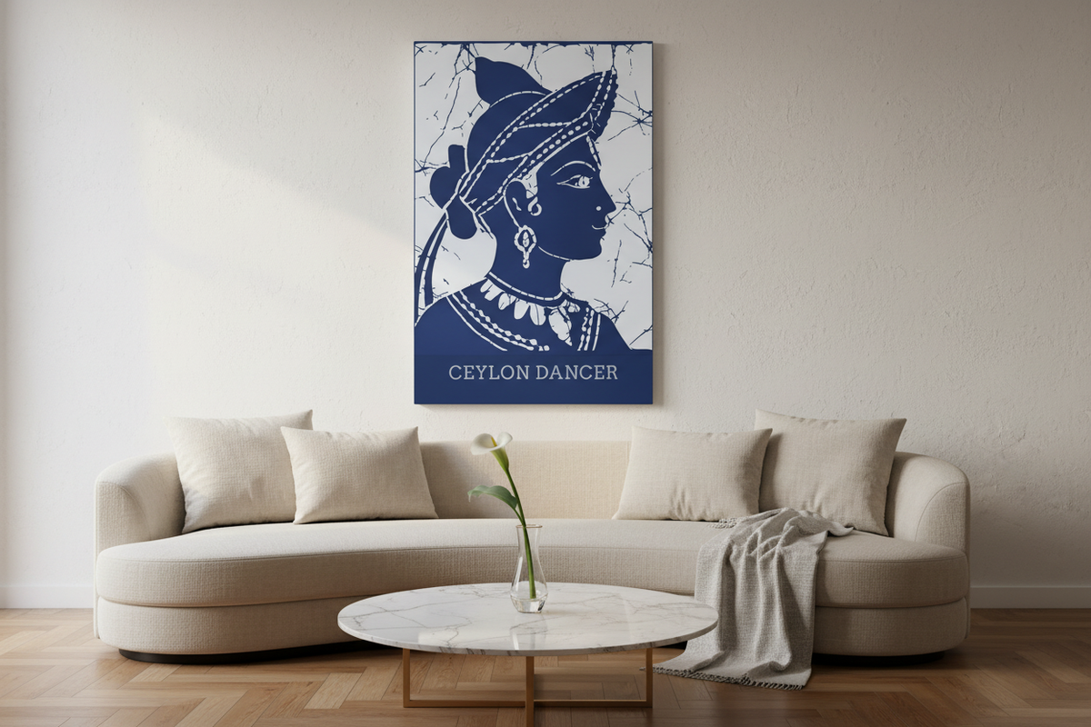 Ceylon Dancer canvas wall art in elegant living room with cream sofa and marble table — Ceylon Culture Vibes