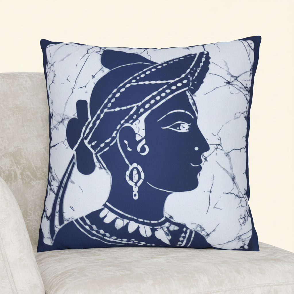 Sigiriya Apsara navy batik cushion cover close-up thumbnail — Sri Lankan heritage throw pillow — Ceylon Culture Vibes