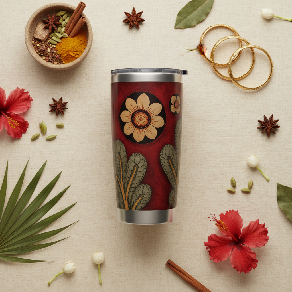 Sri Lanka Culture Floral Design Tumbler 20oz flat lay — Ceylon Memories Collection — Ceylon Culture Vibes