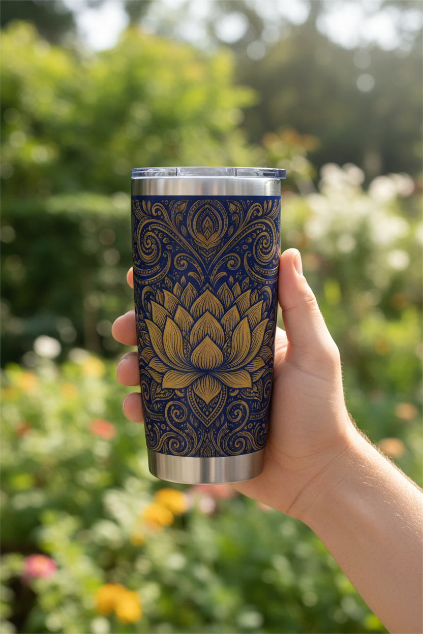 Hand holding gold lotus mandala 20oz tumbler outdoors in natural garden light — Temple & Serenity Collection — Ceylon Culture Vibes