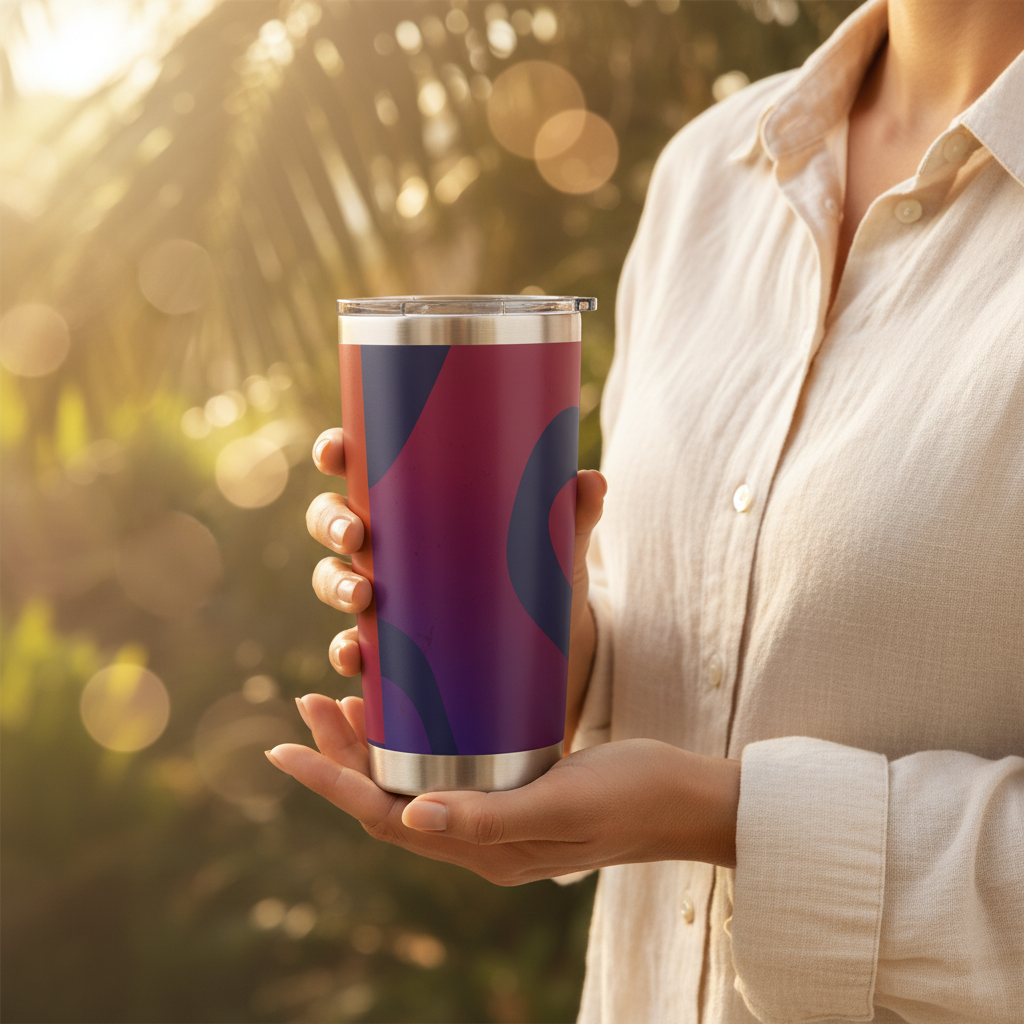 Sri Lanka Batik Wave Tumbler 20oz hand hold lifestyle — Batik Collection — Ceylon Culture Vibes
