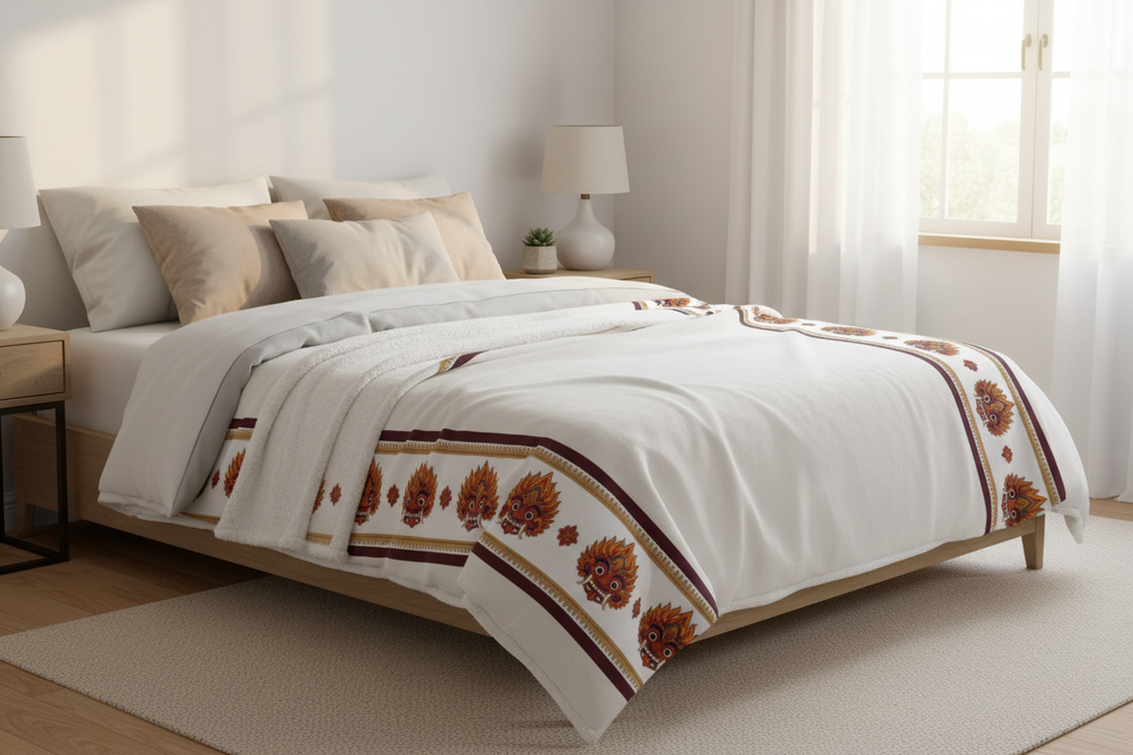 Raksha Mask Border Sherpa Fleece Blanket draped over bed — Ceylon Culture Vibes