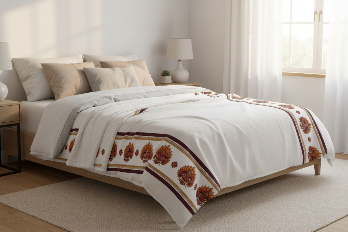 Raksha Mask Border Sherpa Fleece Blanket draped over bed — Ceylon Culture Vibes