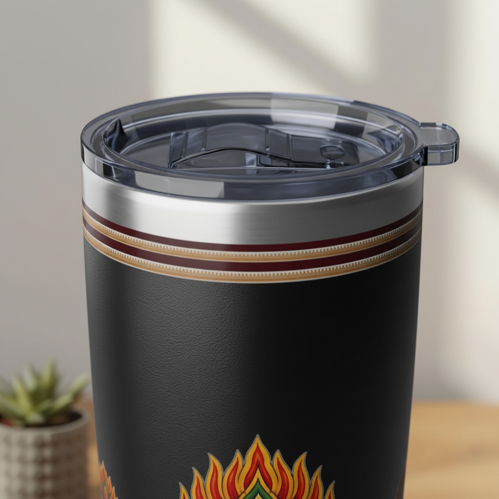 Raksha Guardian Tumbler 20oz Black top detail close-up — Raksha Collection — Ceylon Culture Vibes