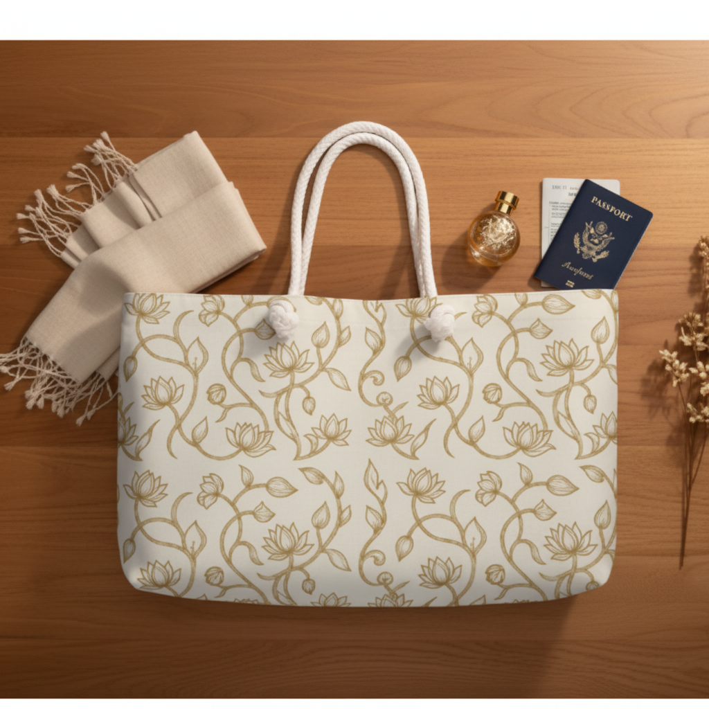 Ceylon lotus weekender bag flat lay overhead on timber with scarf and passport — Ceylon Culture Vibes